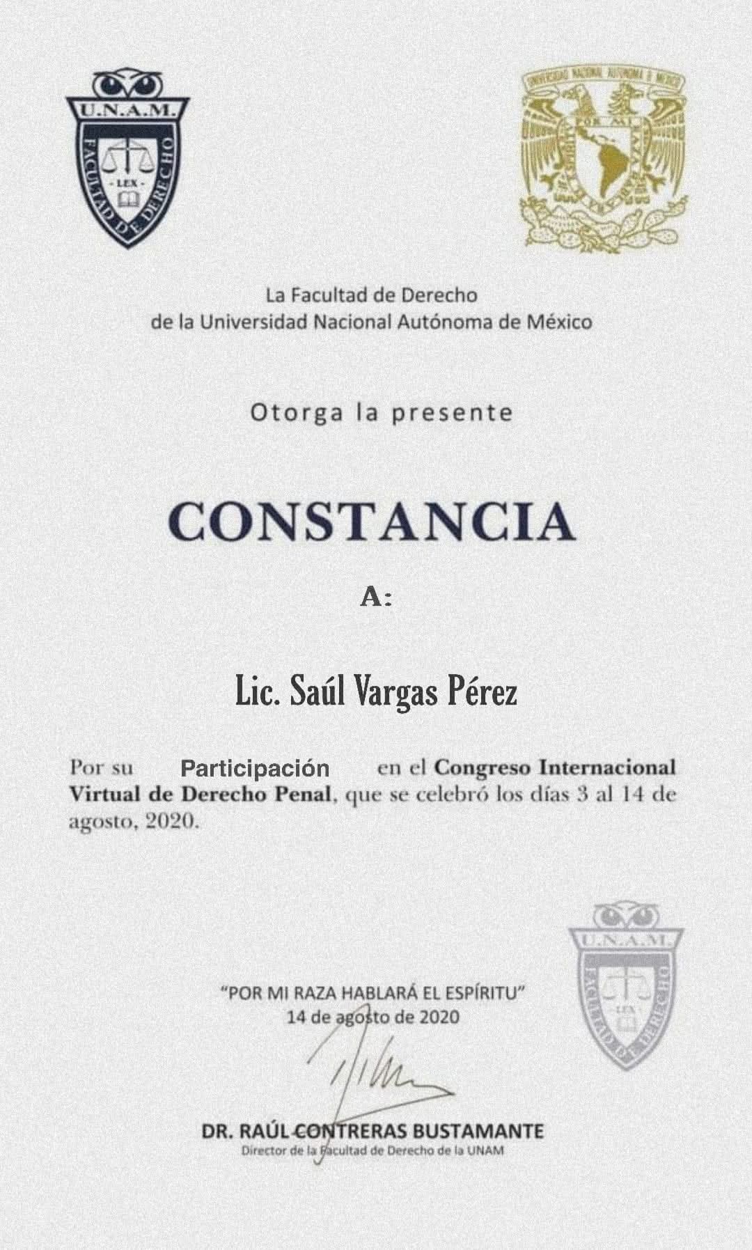Constancia congreso de derecho penal UNAM 2020